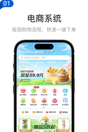 01 电商系统：极简购物流程，快速一键下单。手机商城首页界面示意